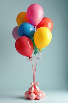 bunch of balloons tied with ribbon around a column, balloon arrangement, ribbon, centerpiece decoration