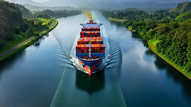 A large container ship navigates the Panama Canal surrounded by lush greenery and mountainous terrain under a moody sky during daytime