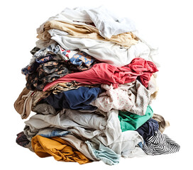Large Pile of Mixed Clothes Isolated on White Background, Transparent PNG, Cut Out for Secondhand Use and Donation