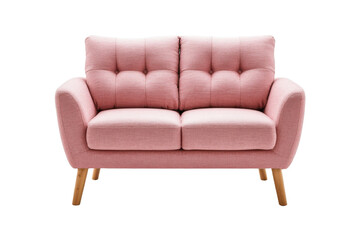 Modern pink sofa with retro wooden legs isolated on transparent background (PNG)