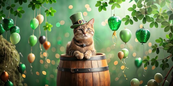 A feline friend in a festive green hat sits inside a wooden barrel, surrounded by vibrant green balloons and lush foliage.
