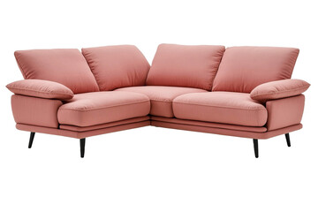 Pink fabric sectional sofa with trendy design featuring soft cushions and metal legs, isolated on transparent background (PNG)