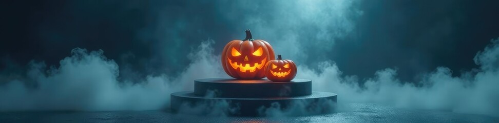 Naklejka premium Dense fog swirls around a hollowed podium adorned with eerie jack o lantern, halloween, smoke