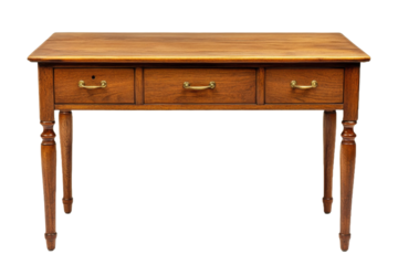 Elegant wooden desk table with three drawers and decorative handles isolated on transparent background (PNG)