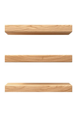 Obraz premium Three wooden floating shelves in natural finish isolated on transparent background (PNG)
