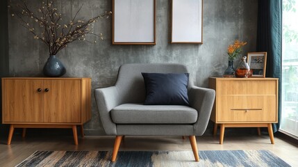 Contemporary living room features gray armchair with wooden side tables