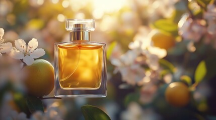 Golden perfume bottle in blooming orchard.