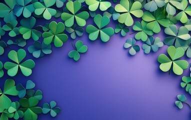 Minimalistic background with four-leaf clover pattern Saint Patricks Day on gradient blue-purple