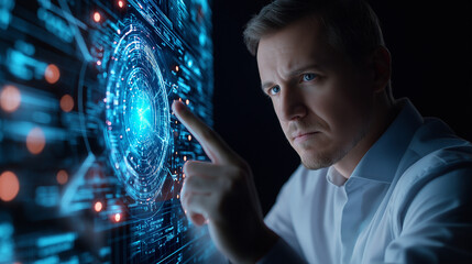 Fototapeta premium Quantum Computing Breakthroughs - A businessman interacts with an advanced computing interface, exploring limitless possibilities in tech-driven problem-solving. Working for th