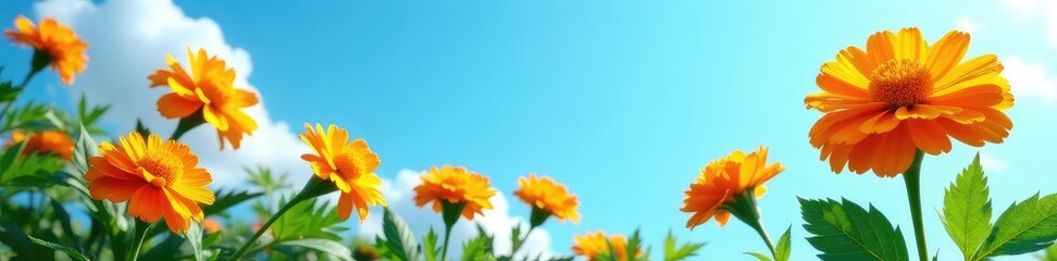 Obraz premium Marigold flowers with green leaf against blue sky, floral, leaf