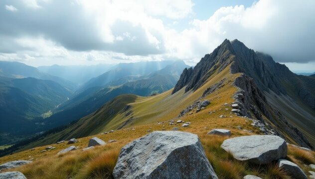 Rocky plateau with rugged peaks and valleys under overcast sky with scattered clouds, mountainous, plateau - Powered by Adobe