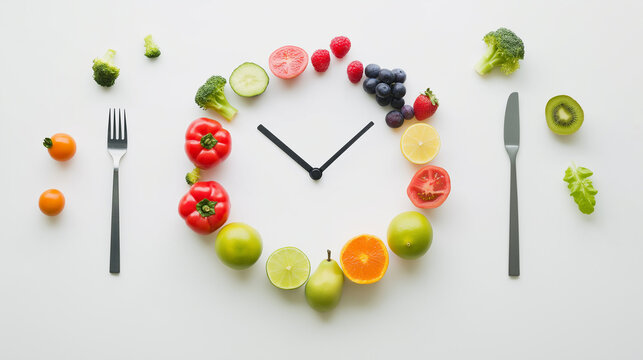 A minimalist conceptual image of a clock made from fresh fruits and vegetables, symbolizing the importance of healthy eating habits. A fork and knife replace the clock hands, re