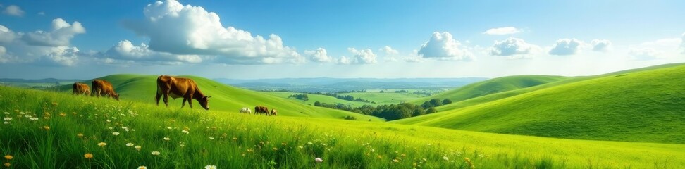 Fototapeta premium Rolling hills of green pasture with cows grazing under a sunny sky, wildflowers, hills, nature