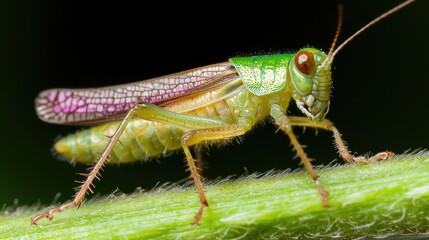 Fototapeta premium Vibrant green grasshopper on leaf, dark background, nature macro