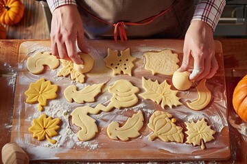 Baking cookies , a man rolls out the dough and shapes cookies for Thanksgiving 