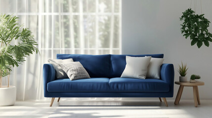 Modern living room with a blue sofa, embodying simplicity and contemporary design.
