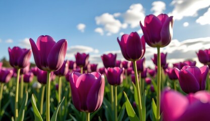 Fototapeta premium A captivating field of vibrant purple tulips stretches towards a soft, golden sunset sky, capturing the essence of a serene evening.