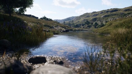 Fototapeta premium Serene river flowing through lush green hills under a clear blue sky with distant mountains