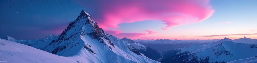 Soft pink aurora borealis above snowy mountain peak, snow, aurora borealis, serene
