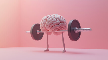 Brain pumping concept.A modern conceptual artwork featuring a human brain with small but strong arms and legs, lifting a metallic barbell in a minimalist pastel environment, 