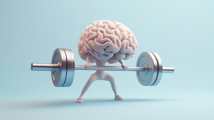 A modern conceptual artwork featuring a human brain with small but strong arms and legs, lifting a metallic barbell in a minimalist pastel environment, Brain pumping concept