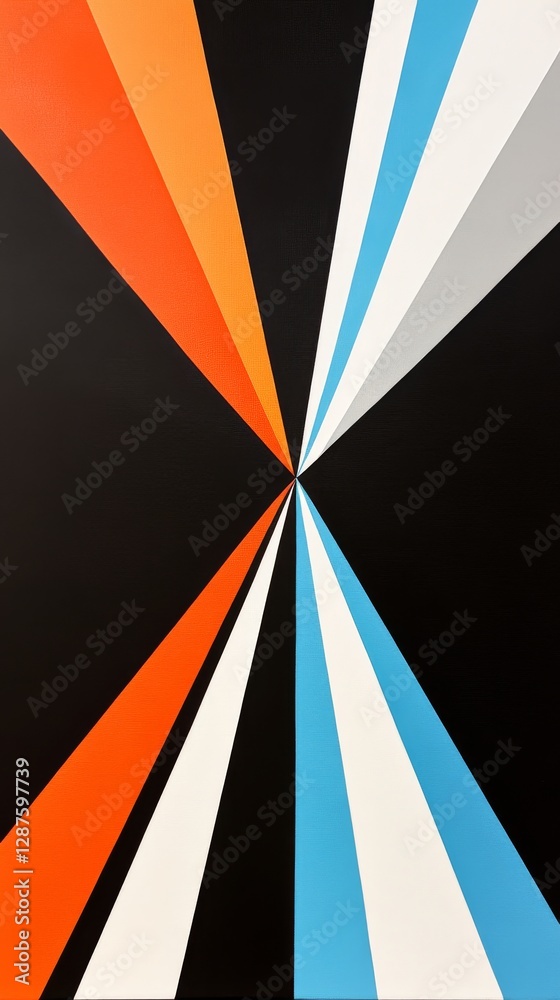 Poster abstract geometric design with converging triangles in orange, blue, and white on black background. 