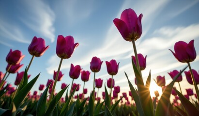 A captivating field of vibrant purple tulips stretches towards a soft, golden sunset sky, capturing the essence of a serene evening.