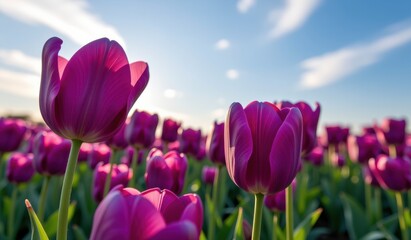 A captivating field of vibrant purple tulips stretches towards a soft, golden sunset sky, capturing the essence of a serene evening.