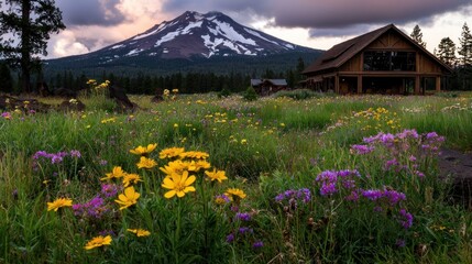 Obraz premium Vibrant wildflowers in a meadow with a mountain backdrop under dramatic clouds