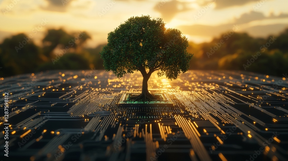 Poster tree growing from a computer circuit board against a sunset skyline, symbolizing technology and natu