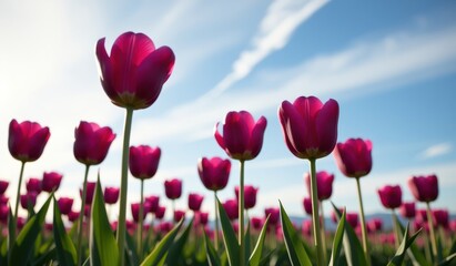A captivating field of vibrant purple tulips stretches towards a soft, golden sunset sky, capturing the essence of a serene evening.