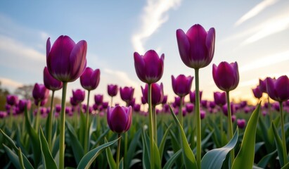 Fototapeta premium A captivating field of vibrant purple tulips stretches towards a soft, golden sunset sky, capturing the essence of a serene evening.