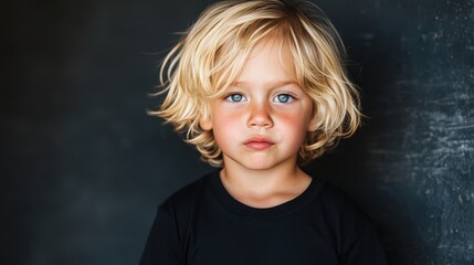 A Young Boy With Blonde Hair Poses Against A Dark Background