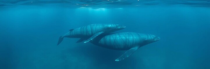 Fototapeta premium Large blue whale swimming gracefully in the ocean with a pod of friends, huge, swimming, ocean