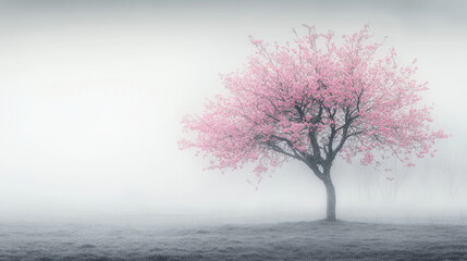 A lone cherry blossom tree in full bloom, standing in an open, mist-covered field under an overcast sky