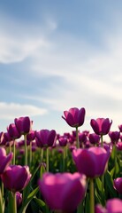 A captivating field of vibrant purple tulips stretches towards a soft, golden sunset sky, capturing the essence of a serene evening.