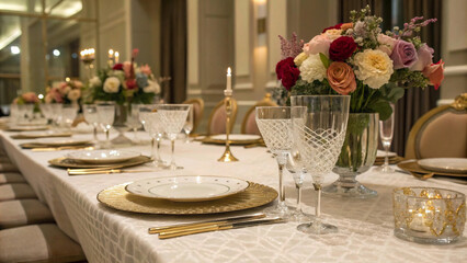 Soft ambient lighting, luxurious gold and white table setting, fine china, and fresh rose arrangements.A beautifully set banquet table with elegant tableware, crystal glasses, and a floral centerpiece