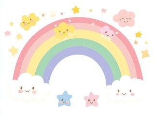 Cute rainbow with clouds and stars, cheerful design