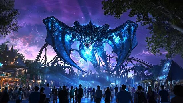 A night at the amusement park with a dragon-like creature hovering over the roller coaster.