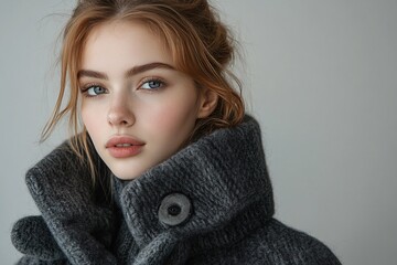 A woman wearing a gray sweater stares intensely at camera