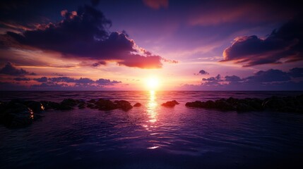 Obraz premium Serene Sunset Over Tranquil Ocean with Colorful Sky and Rocky Shoreline in Background