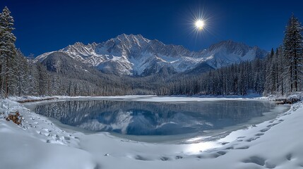 Fototapeta premium Serene winter landscape with snow-covered mountains reflecting in a frozen lake under a bright moon