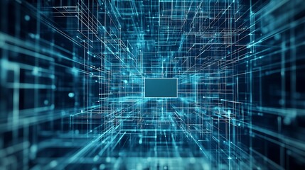 Abstract digital tunnel glowing cyan blue light. AI Generated