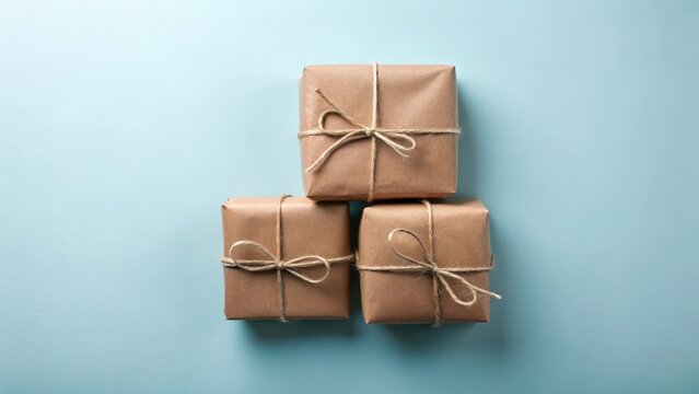 A trio of modestly wrapped presents, tied with twine, sits atop a pale blue surface