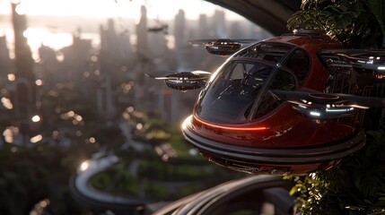 Naklejka premium Futuristic flying vehicle hovering over a lush urban landscape at sunset, showcasing advanced technology