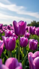 Obraz premium A captivating field of vibrant purple tulips stretches towards a soft, golden sunset sky, capturing the essence of a serene evening.