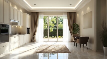 Bright elegant kitchen featuring large windows and dining area