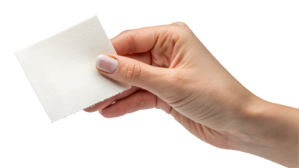 Hand holding a small sheet of empty white paper transparent background 
