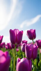 Obraz premium A captivating field of vibrant purple tulips stretches towards a soft, golden sunset sky, capturing the essence of a serene evening.