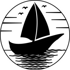 Simple Logo Sailing Ship and Sea Wave